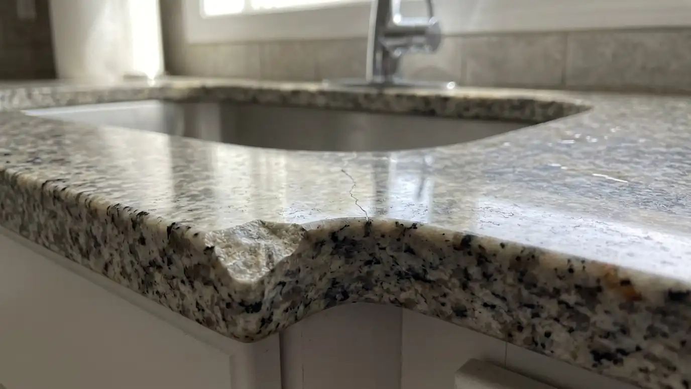 Before: a granite edge with a chipped corner and a small crack near the sink cutout