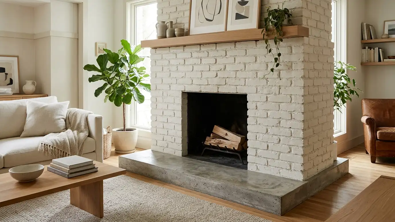 Before: a living room fireplace with a painted brick fireplace with a bare concrete hearth