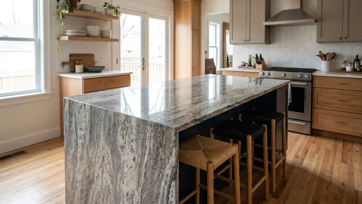 After: a kitchen island with a large polished granite top with a waterfall end and a seating overhang with three stools