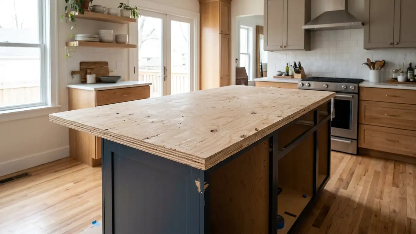Before: a kitchen island with a plywood-topped island frame with no finished countertop