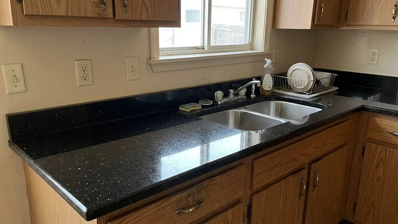 After: a kitchen with polished black granite with fine silver flecks and an undermount sink