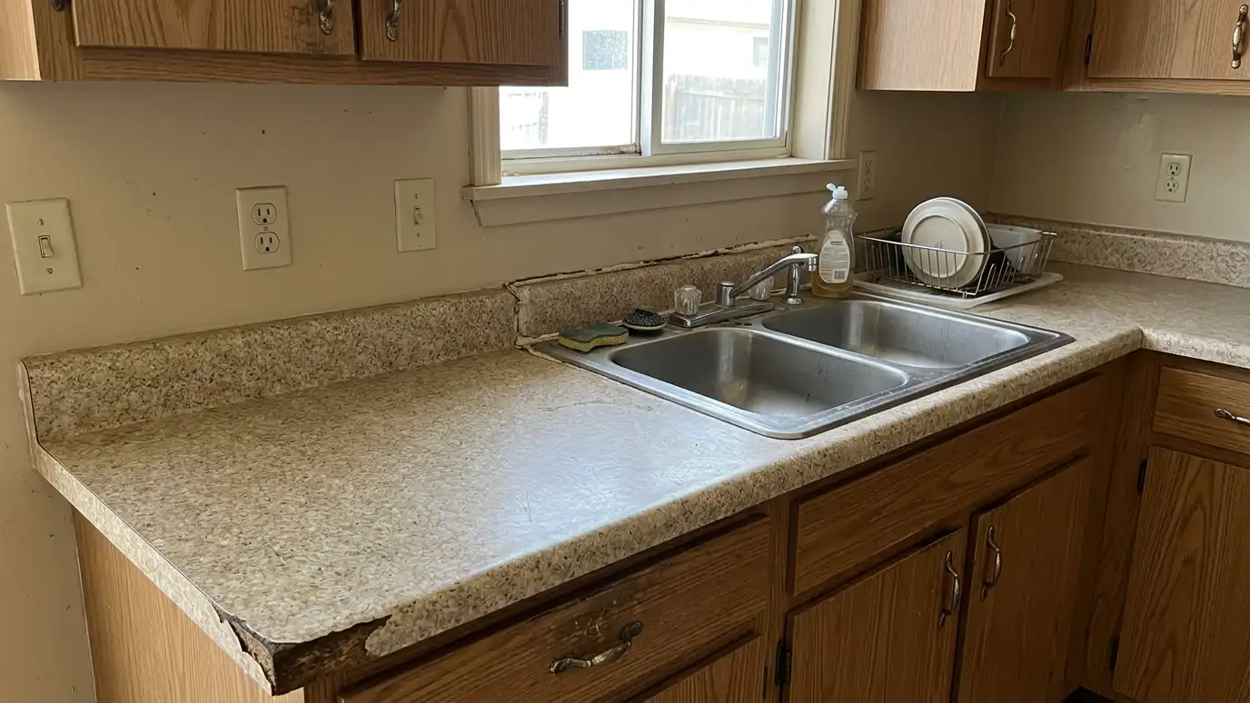 Before: a kitchen with worn speckled laminate counters with a chipped edge and a dated drop-in sink