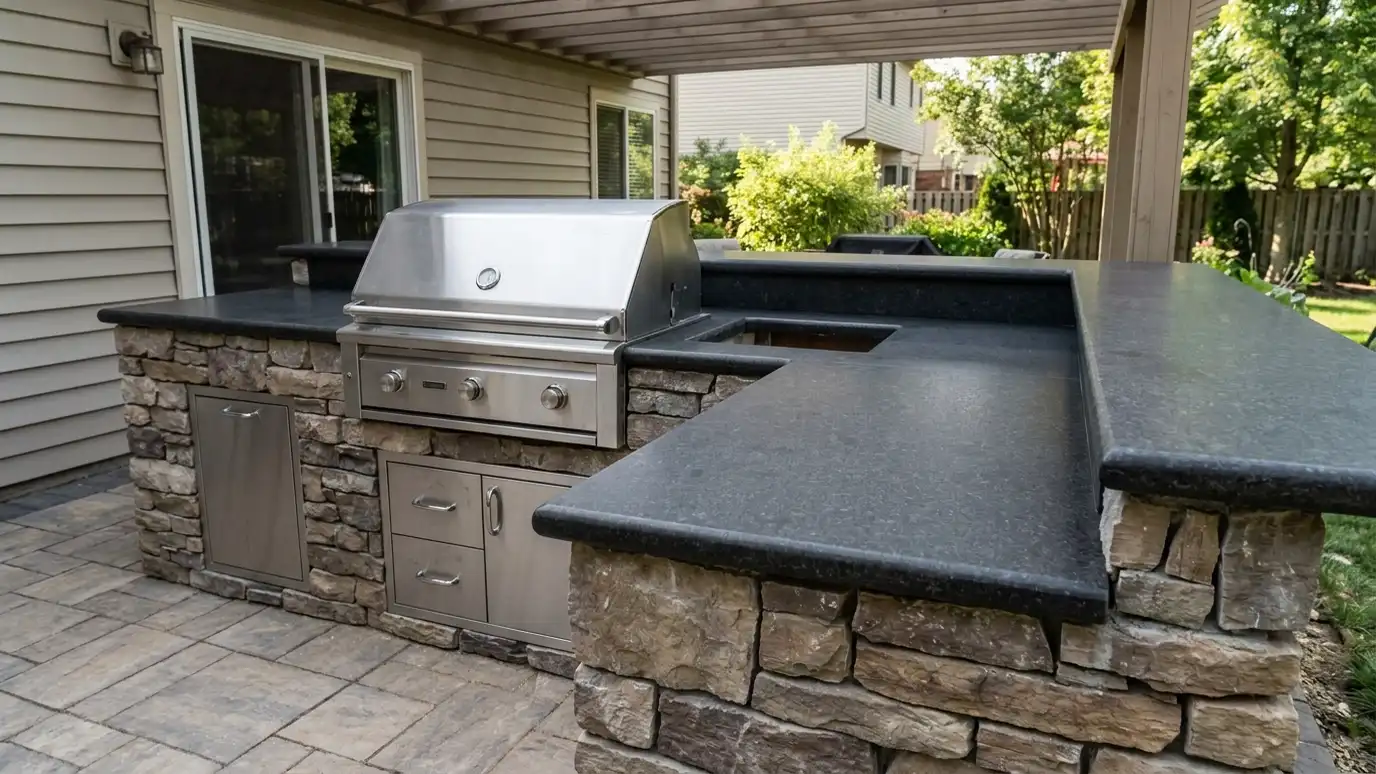 After: an outdoor kitchen with a thick honed dark granite countertop with a bullnose edge