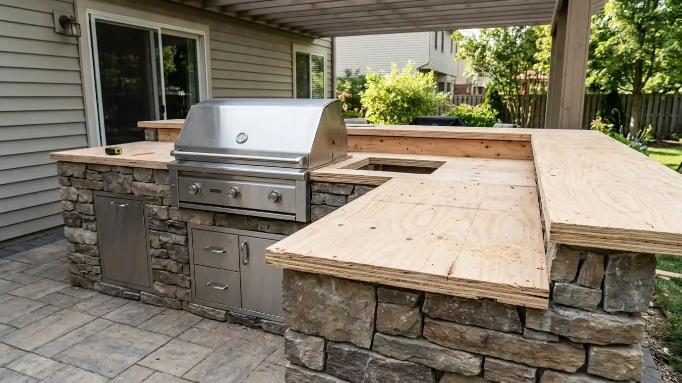 Before: an outdoor kitchen with a bare plywood top on a stone base around a built-in grill