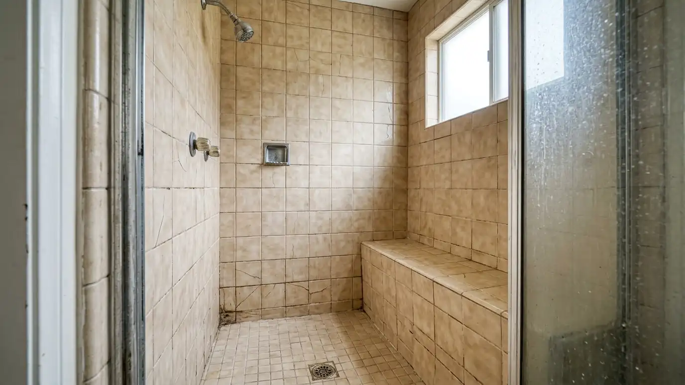 Before: a shower with dated, cracked beige tile walls and a tile bench