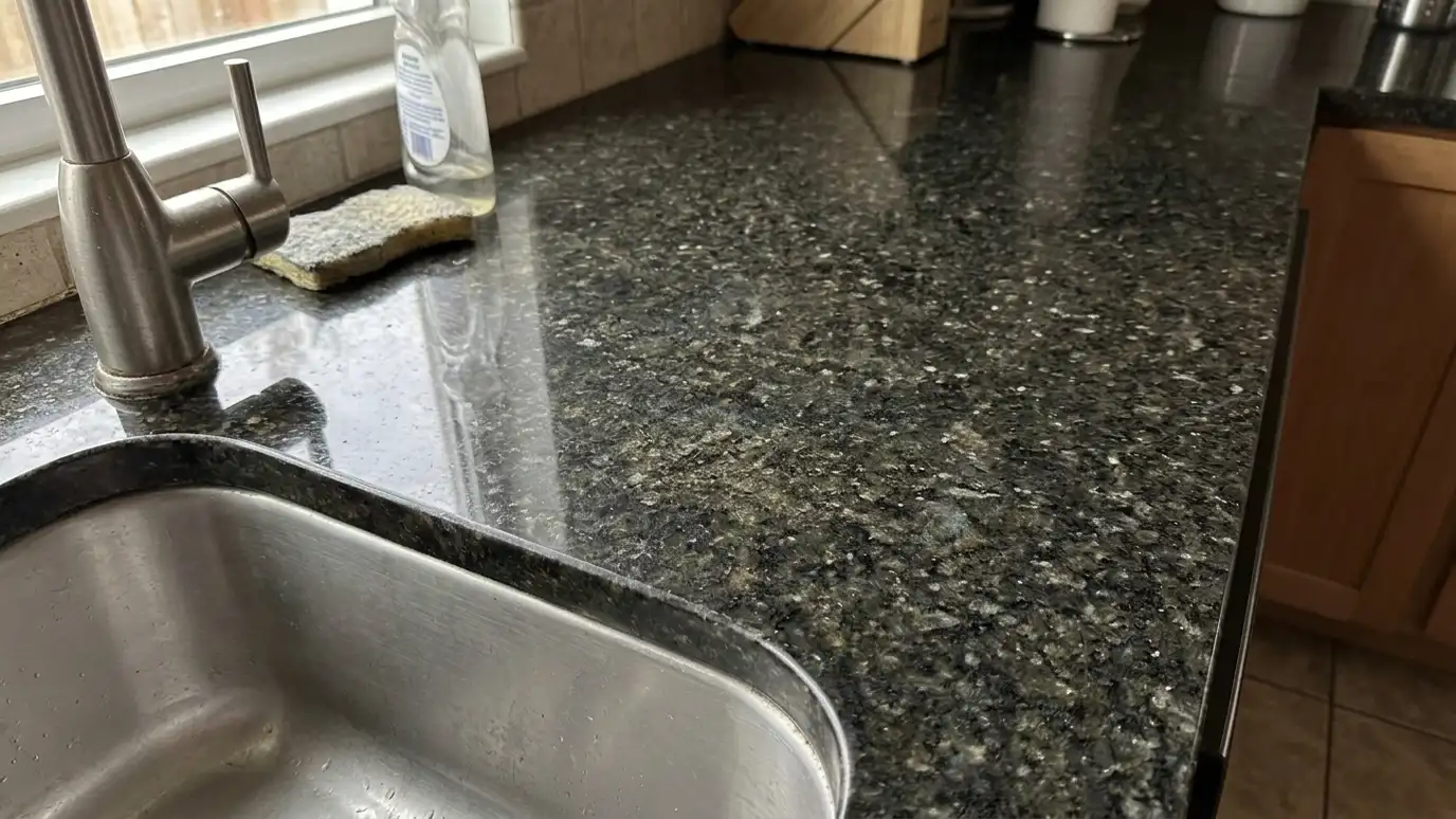 After: a granite counter with a deep, even, glossy polish with no stains or etch marks