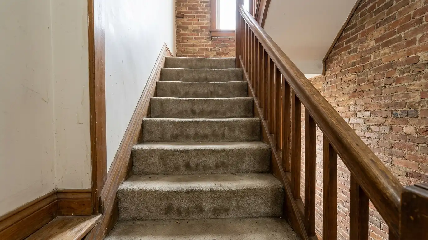 Before: a staircase with worn, dull carpeted steps with a plain wooden banister