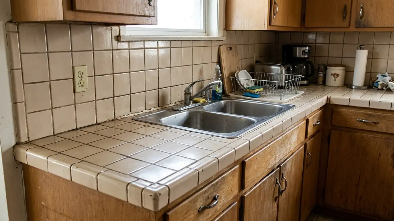 Before: a kitchen with old beige tile counters with dirty grout lines and a tile backsplash