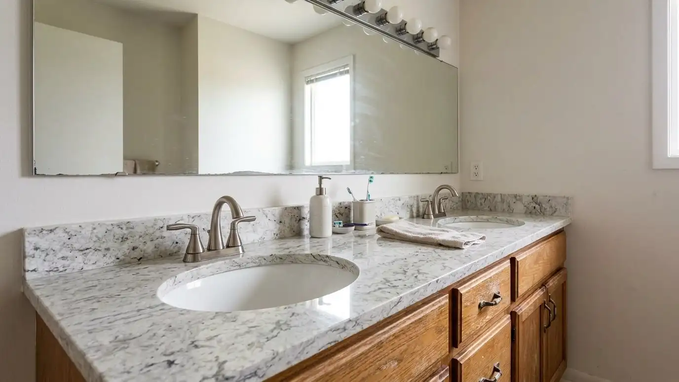 After: a bathroom with polished white granite with gray veining and two undermount sinks