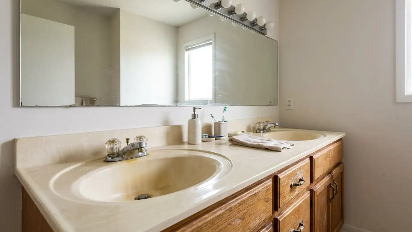 Before: a bathroom with an old cultured marble double vanity top with yellowed sinks and a dated faucet