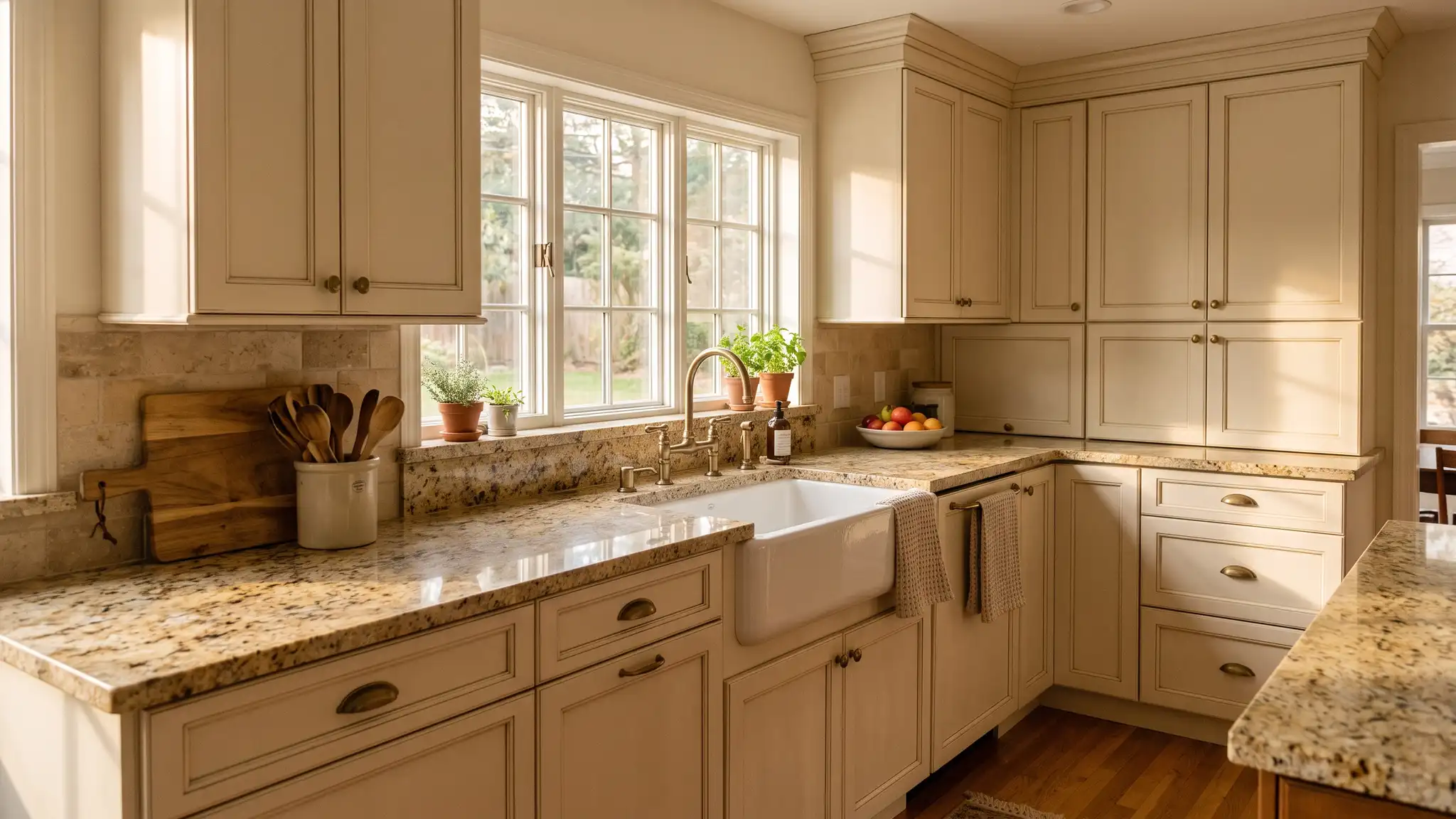 A warm kitchen with golden beige granite countertops, cream cabinets and a farmhouse sink