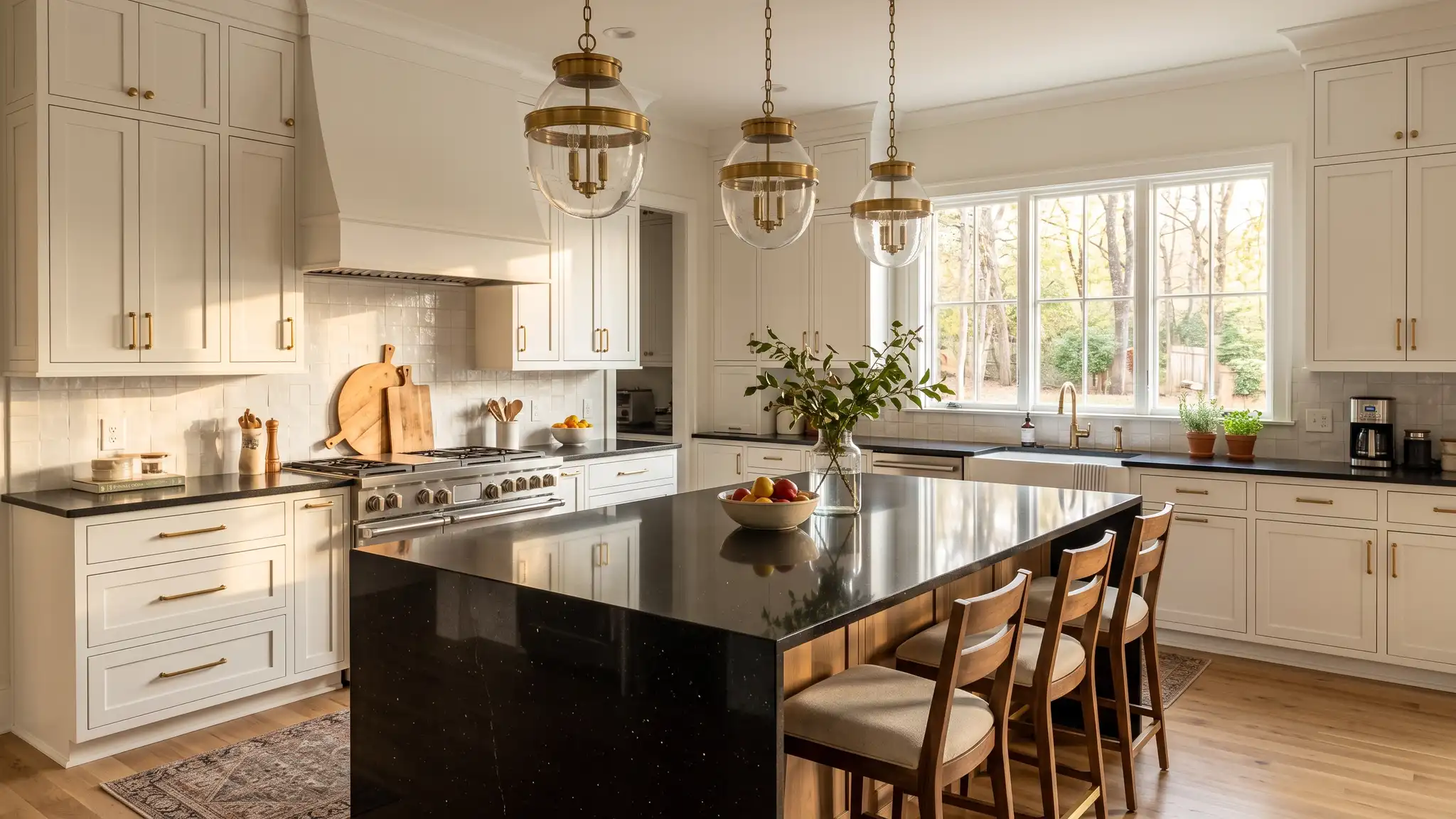 A luxurious kitchen with a polished black granite island, white cabinets and brass pendant lights