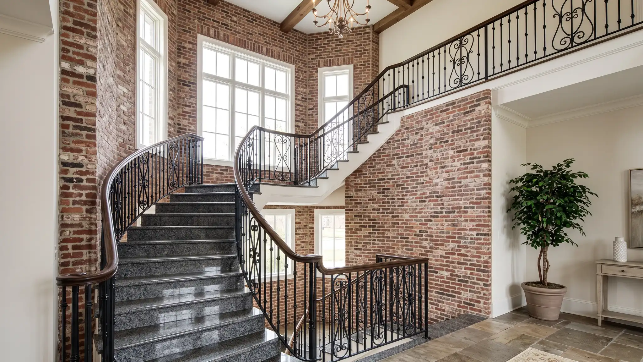 A grand staircase with polished granite treads and a black iron railing
