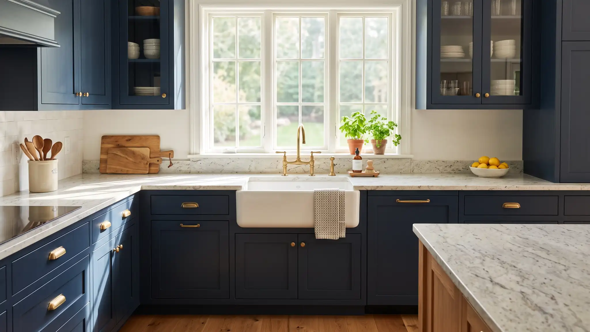 A bright kitchen with polished white granite counters, a farmhouse sink and a clean eased edge