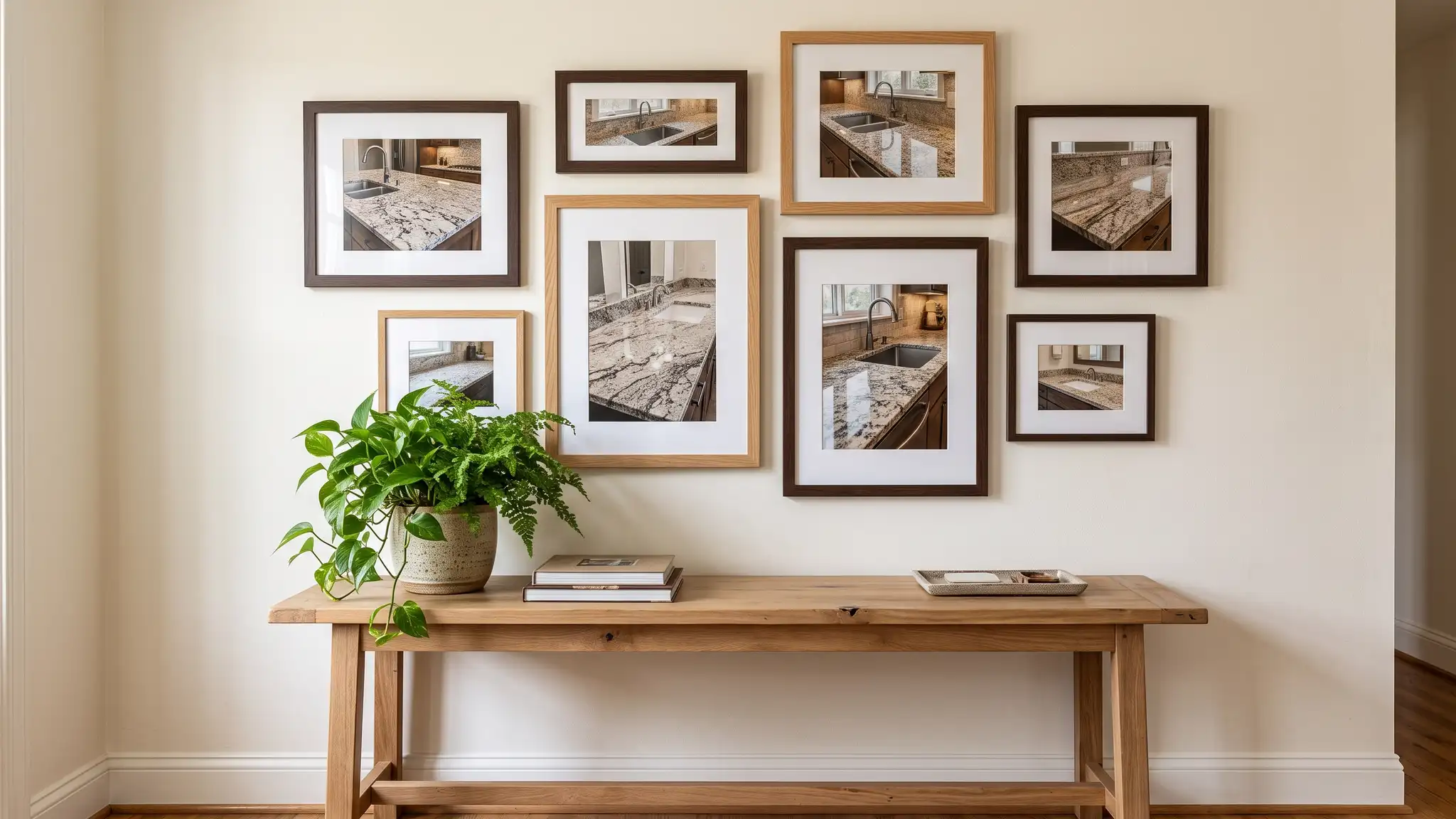 A wall of framed photographs of finished granite kitchens and bathrooms above a console table