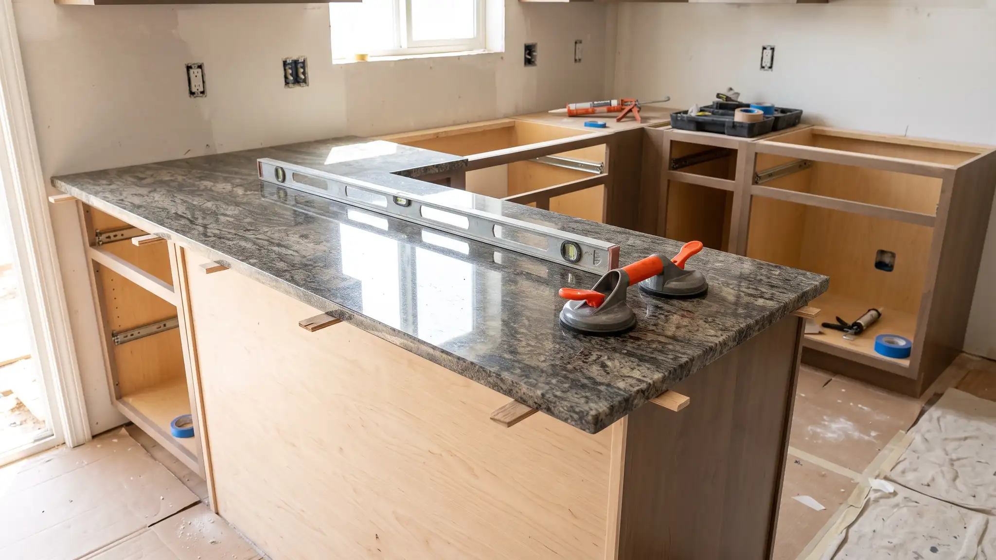 A beautiful finished kitchen with polished granite counters, white cabinets, brass pendants and a farmhouse sink