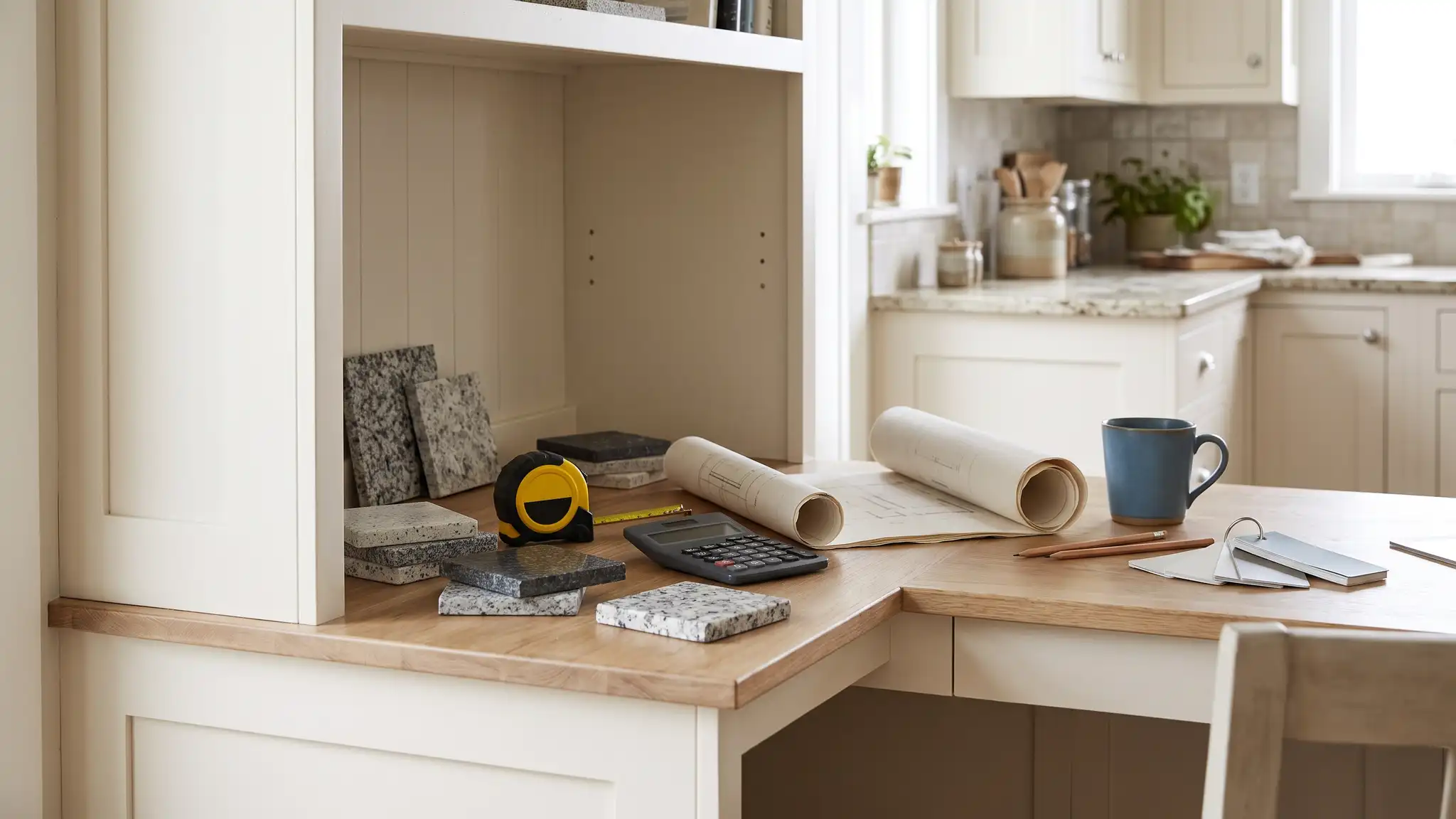 A planning desk in a kitchen with granite sample tiles, a tape measure, a calculator and a rolled drawing