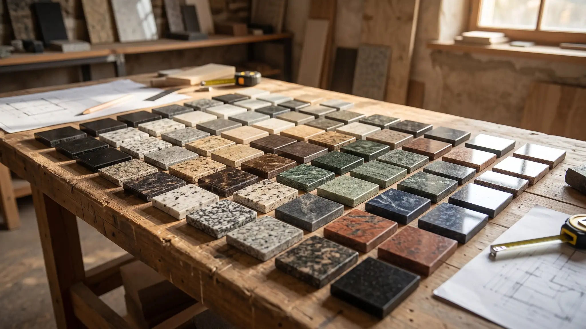 A workbench covered in granite sample tiles in black, white, gray, beige, brown, green, blue and red in warm light