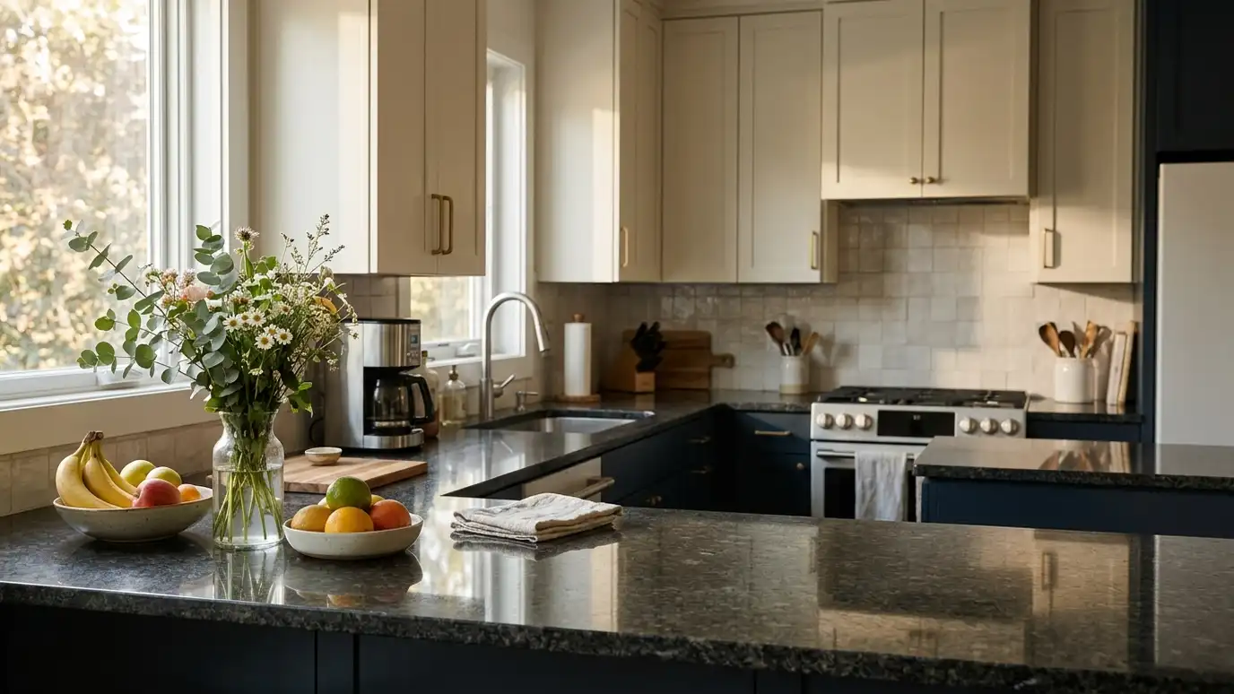A finished kitchen with polished granite counters, a vase of flowers and a bowl of fruit in soft morning light