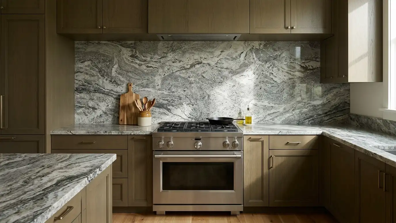 A full-height granite backsplash behind a range with a slim hood