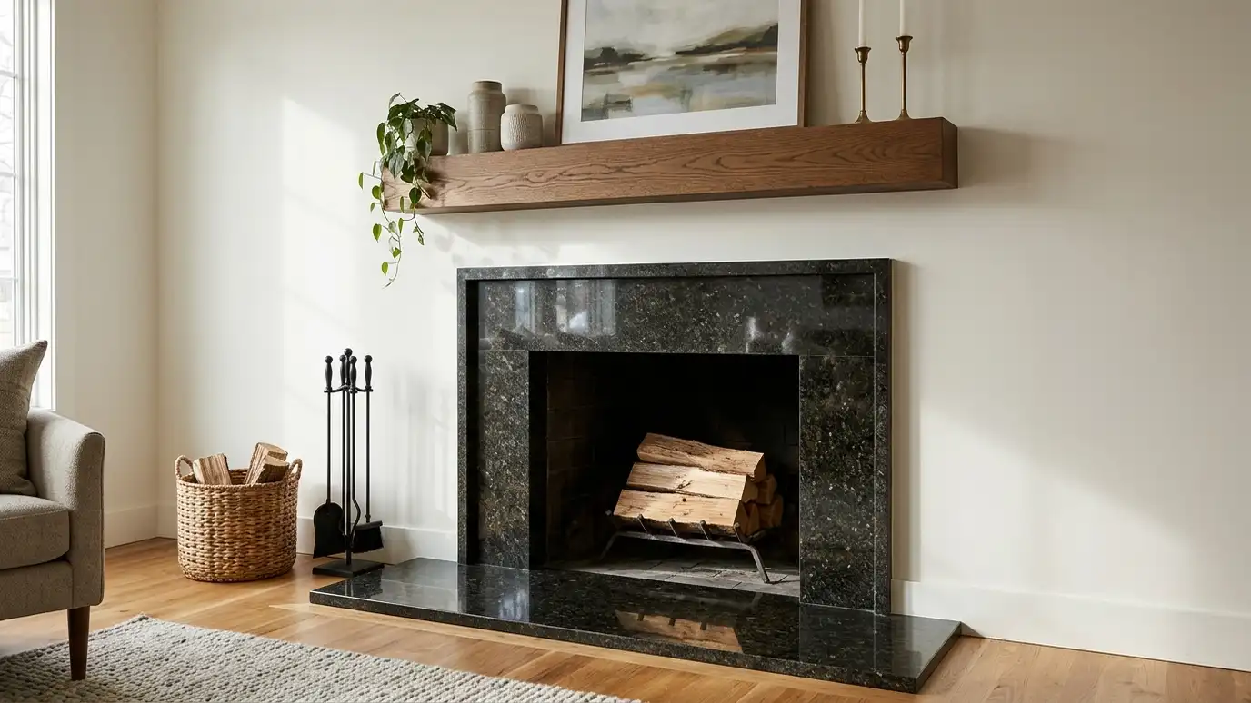 A fireplace with a polished granite surround and hearth