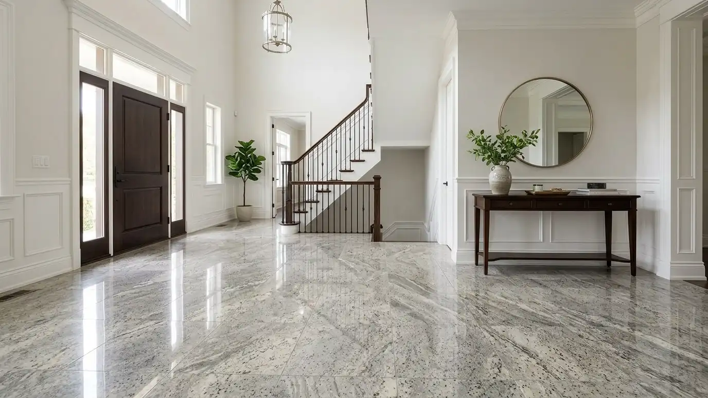 A foyer with large polished granite floor tiles in a gray and cream pattern