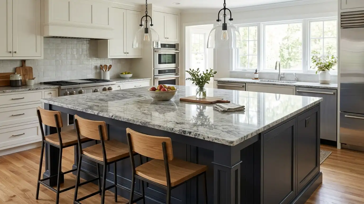 A large island with a polished granite top, a seating overhang, three stools and two pendants